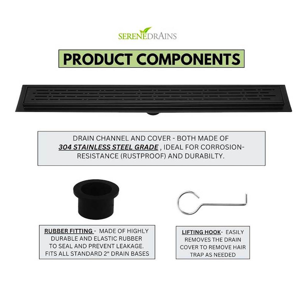 Matte Black Linear Drain for Curbless Shower with Hair Trap and Flange Base, SereneDrains