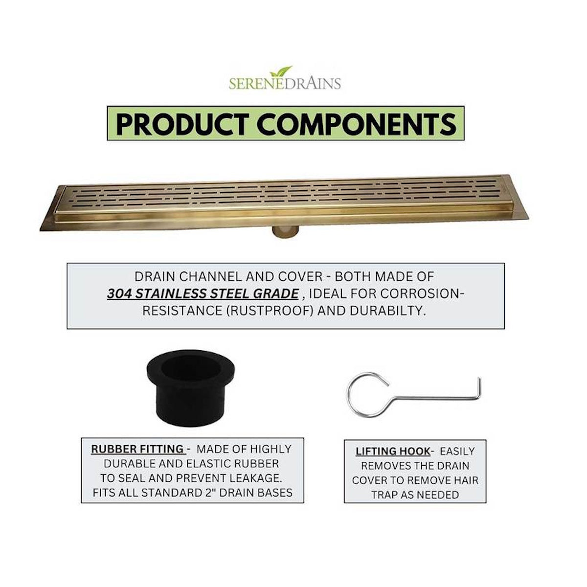 Satin Gold Linear Shower Drain Kit with Hair Trap and Flange Base, SereneDrains