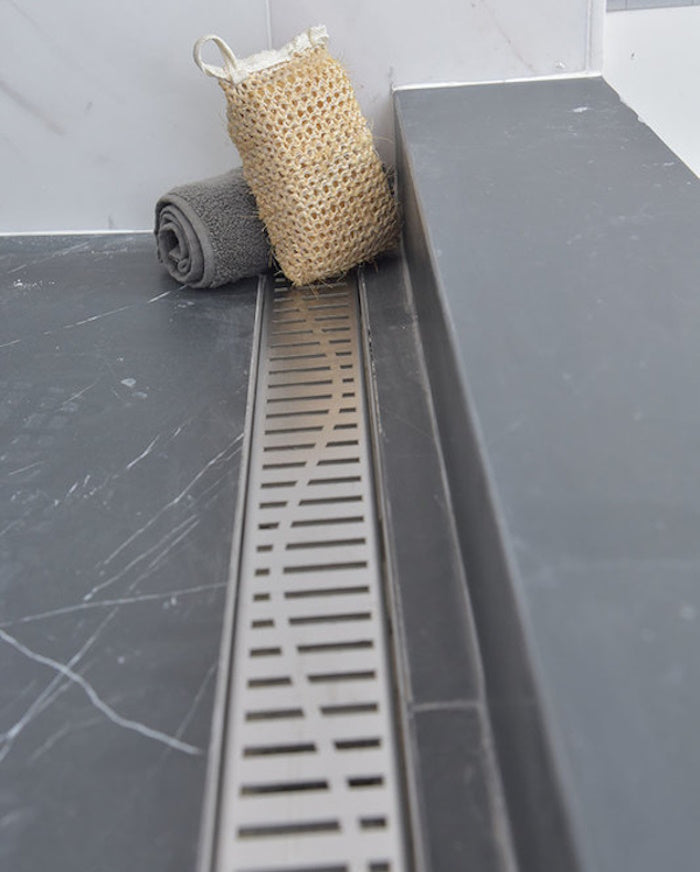 39 Inch Linear Shower Drain Brushed Finish Wind Design SereneDrains