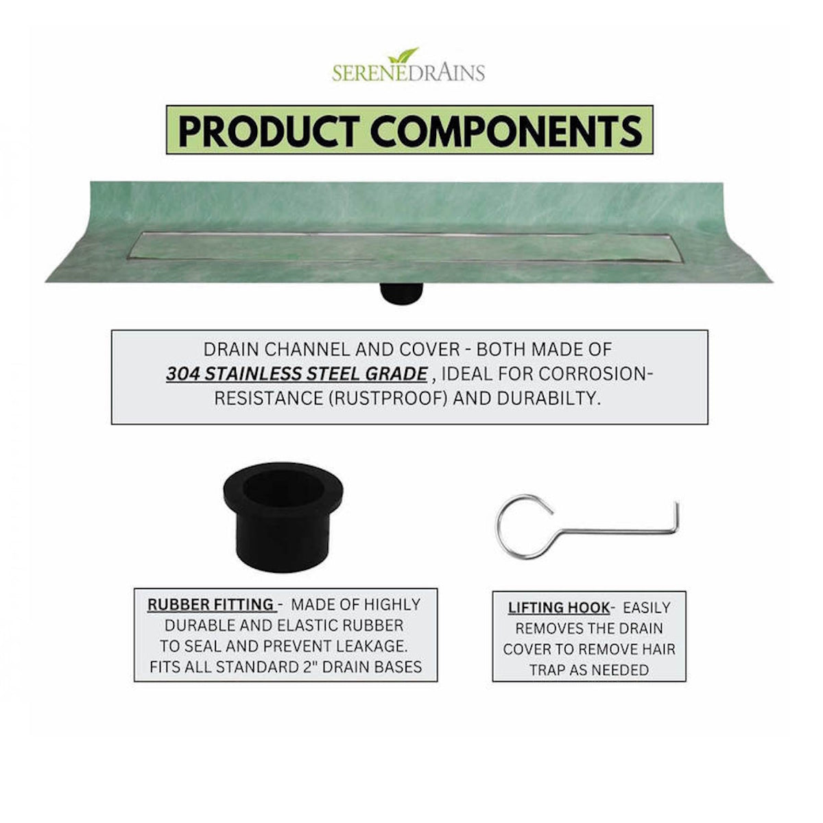 Invisible Linear Shower Drain Kit with Hair Trap and Flange Base, SereneDrains