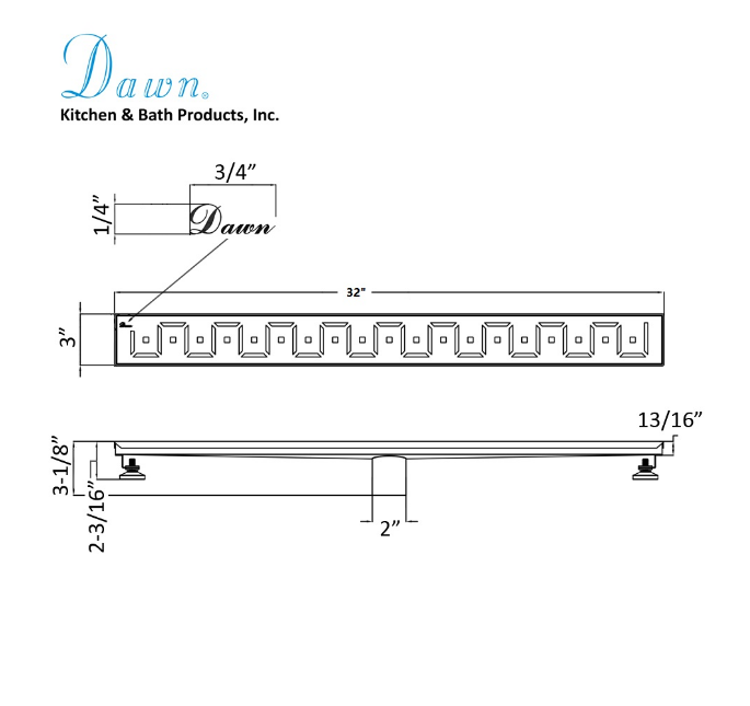 12 Inch Linear Drain with Adjustable Leveling Feet, Dawn USA Congo-Chambeshi River Series
