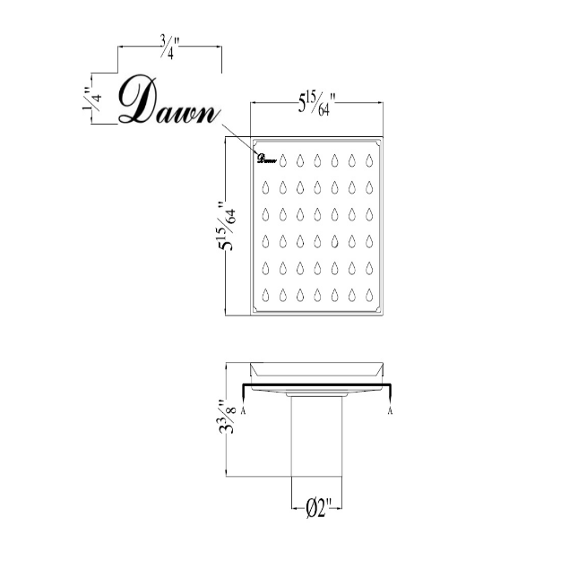 Dawn 5 Inch Square Shower Drain Nile River Series LNE050504 (push-in) Polished Satin Finish