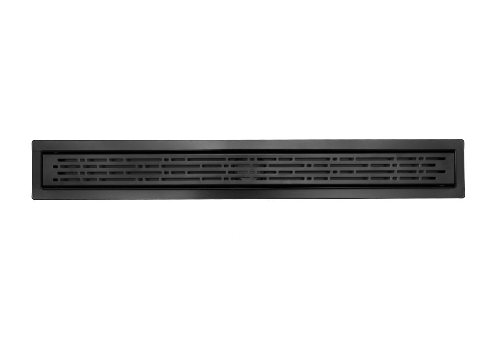 Matte Black Linear Shower Drain with Free Hair Trap, Broken Lane Design, By SereneDrains