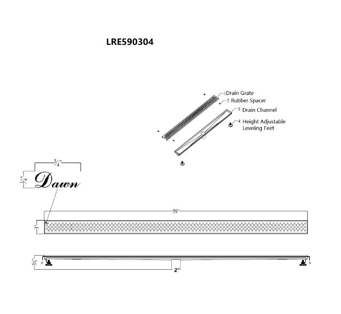Dawn® 32 Inch Linear Shower Drain, Rhone River Series, Polished Satin Finish