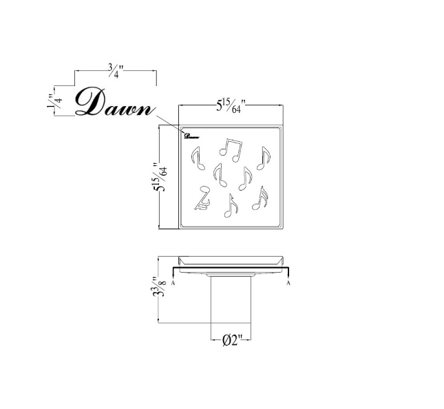 Dawn 5 Inch Square Shower Drain Seine River Series LSE050504 (push-in) Polished Satin Finish