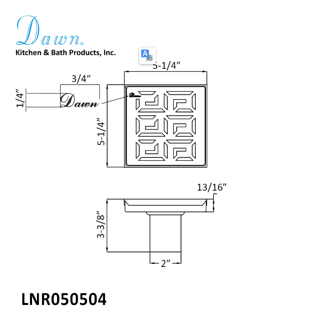 Dawn 5 Inch Square Shower Drain River Niger In Mali Series LNR050504 (push-in) Polished Satin Finish