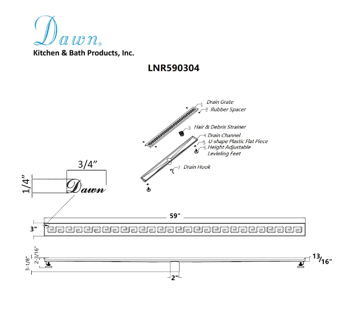 Dawn® 59 Inch Linear Shower Drain, The River Niger In Mali Series, Polished Satin Finish