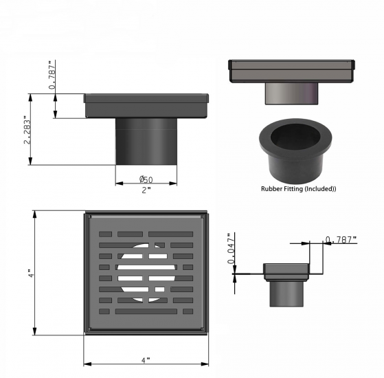 4 Inch Polished Chrome Square Shower Drain with Hair Trap Set (4 Designs)
