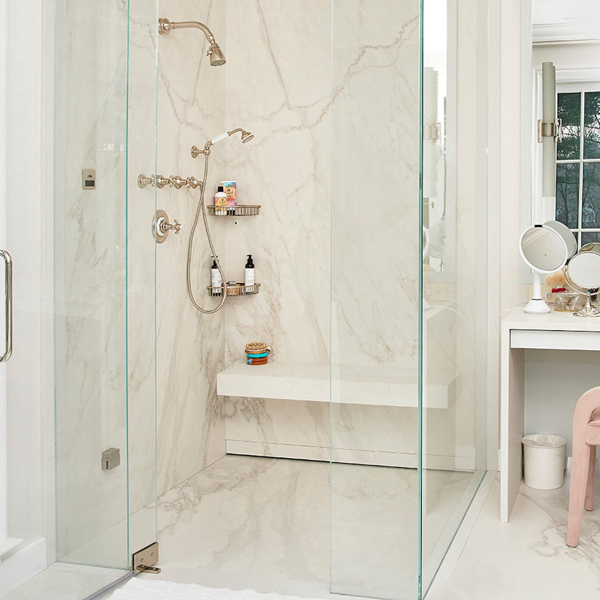 Linear wall drain installed flush in shower wall, wall recessed design