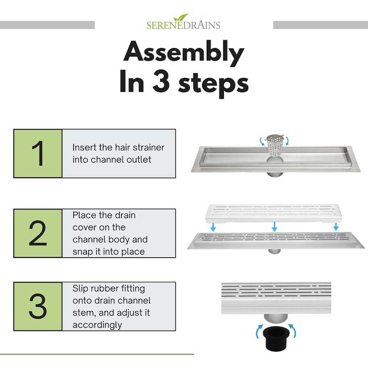 Matte White Tile Insert Linear Shower Drain Kit with Hair Trap and Flange Base