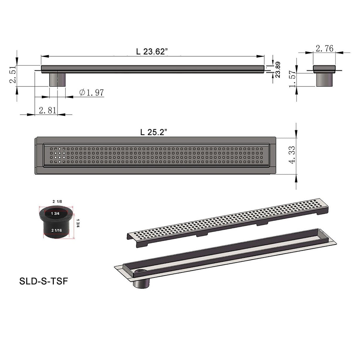 24 Inch Linear Shower Drain with Side Outlet, Full Kit with Hair Trap & Flange Base – SereneDrains