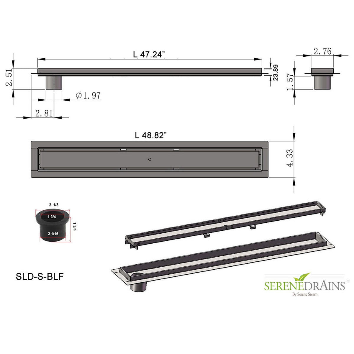 48 Inch Linear Shower Drain with Side Outlet Kit with Hair Catcher and Flange