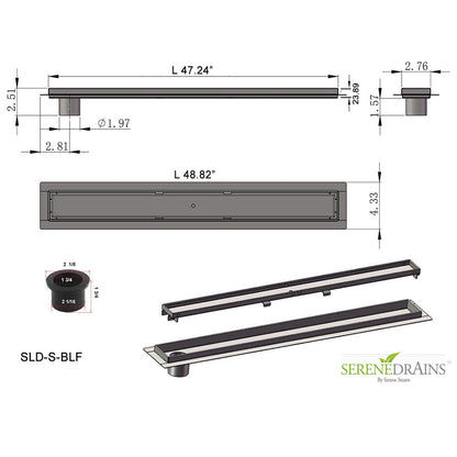 48 Inch Linear Shower Drain with Side Outlet Kit with Hair Catcher and Flange