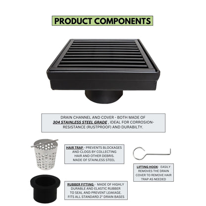4 Inch Matte Black Square Shower Drain Kit with Hair Trap and Base Flange – Linear Wedge Design