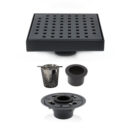 6 Inch Matte Black Square Shower Drain with Hair Trap and Base Flange Kit – Traditional Square Design