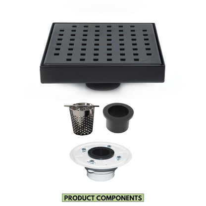 6 Inch Matte Black Square Shower Drain with Hair Trap and Base Flange Kit – Traditional Square Design