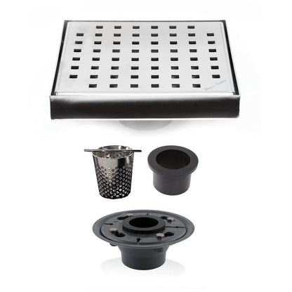 6 Inch Brushed Square Shower Drain with Hair Trap and Base Flange Kit – Traditional Square Design