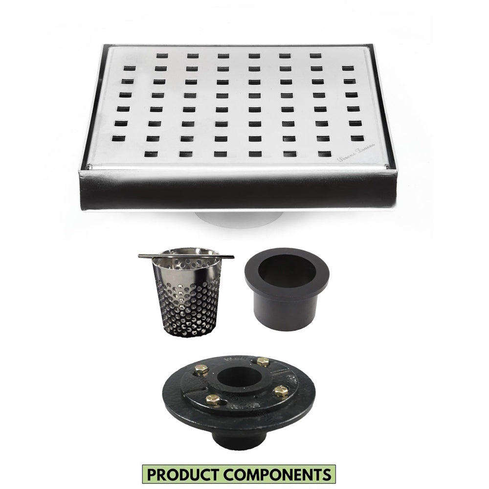 6 Inch Brushed Square Shower Drain with Hair Trap and Base Flange Kit – Traditional Square Design
