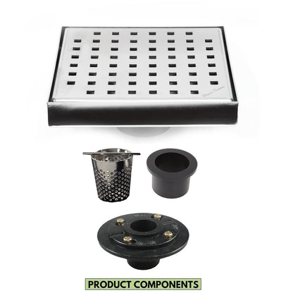 6 Inch Brushed Square Shower Drain with Hair Trap and Base Flange Kit – Traditional Square Design