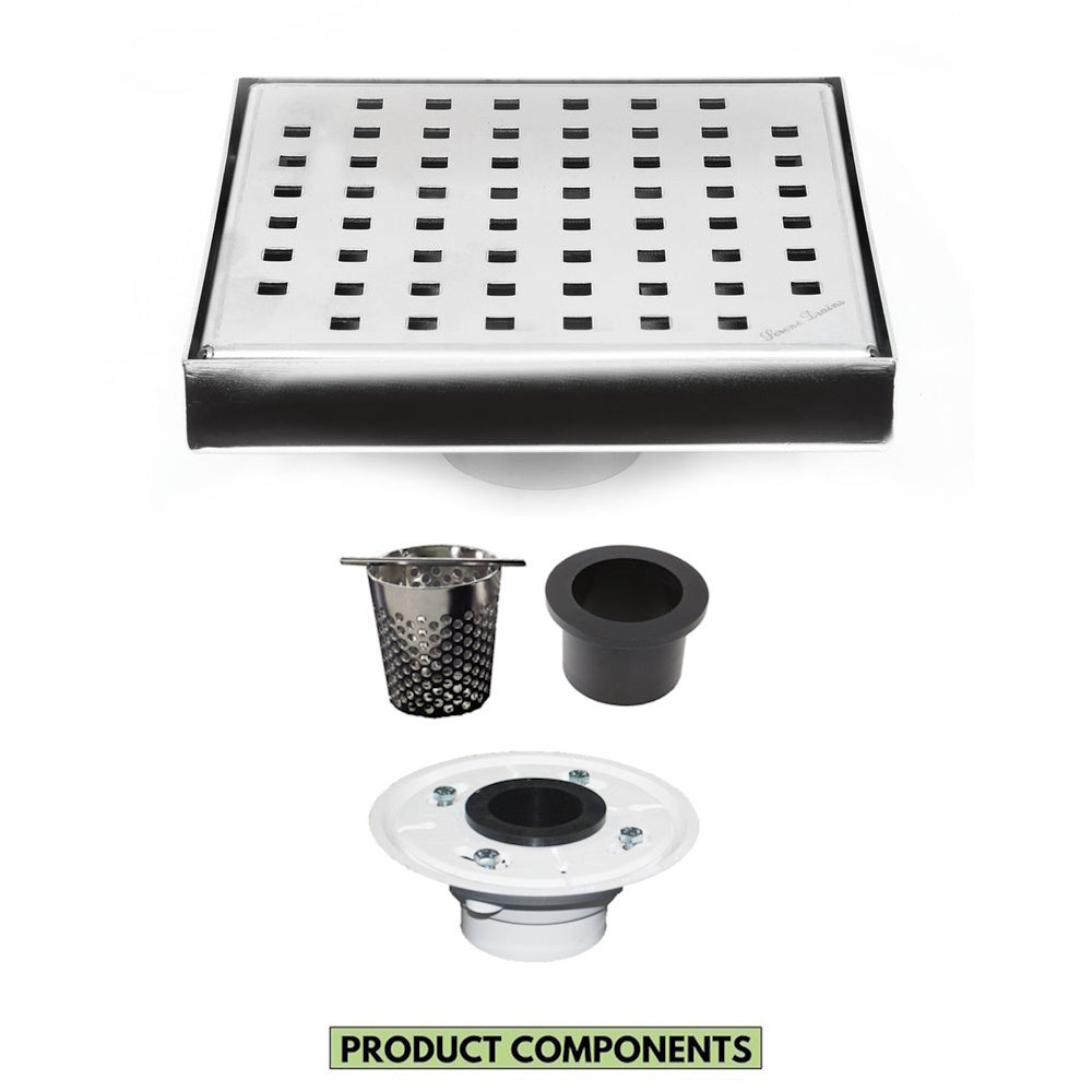 6 Inch Brushed Square Shower Drain with Hair Trap and Base Flange Kit – Traditional Square Design