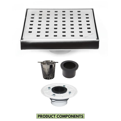 6 Inch Brushed Square Shower Drain with Hair Trap and Base Flange Kit – Traditional Square Design