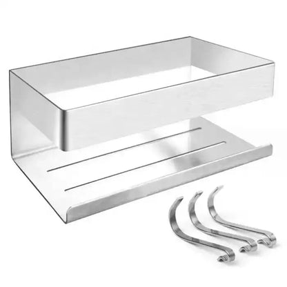 No Drill Shower Caddy, Stainless Steel Adhesive Shower Shelf with Two Hooks
