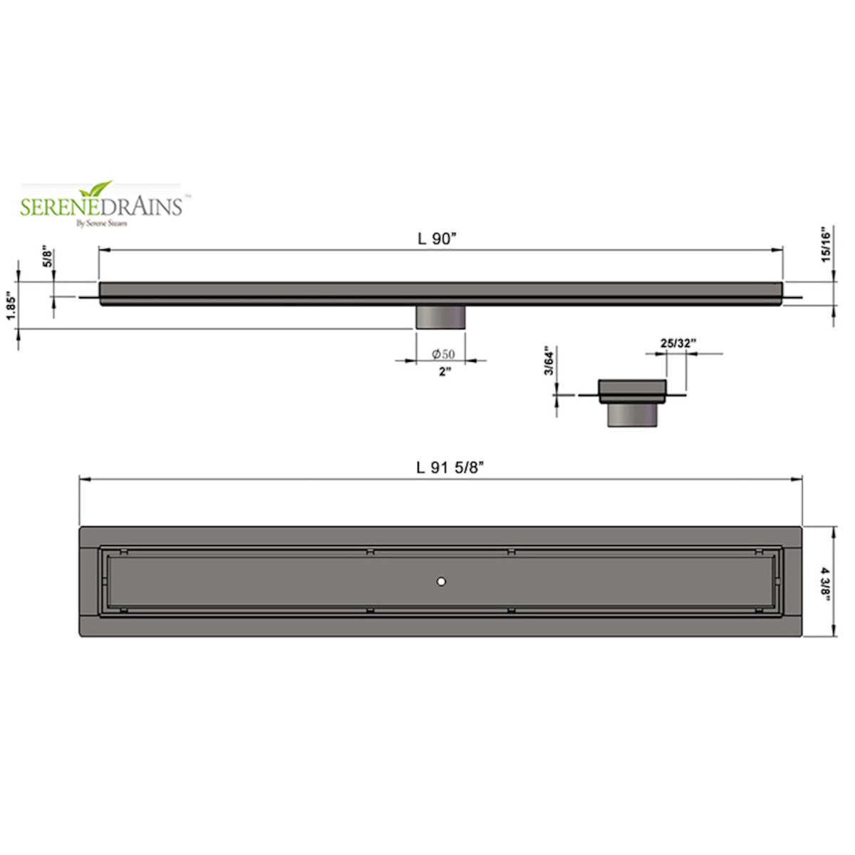 90 Inch Long Curbless Linear Shower Drain Kit with Hair Trap and Flange Base