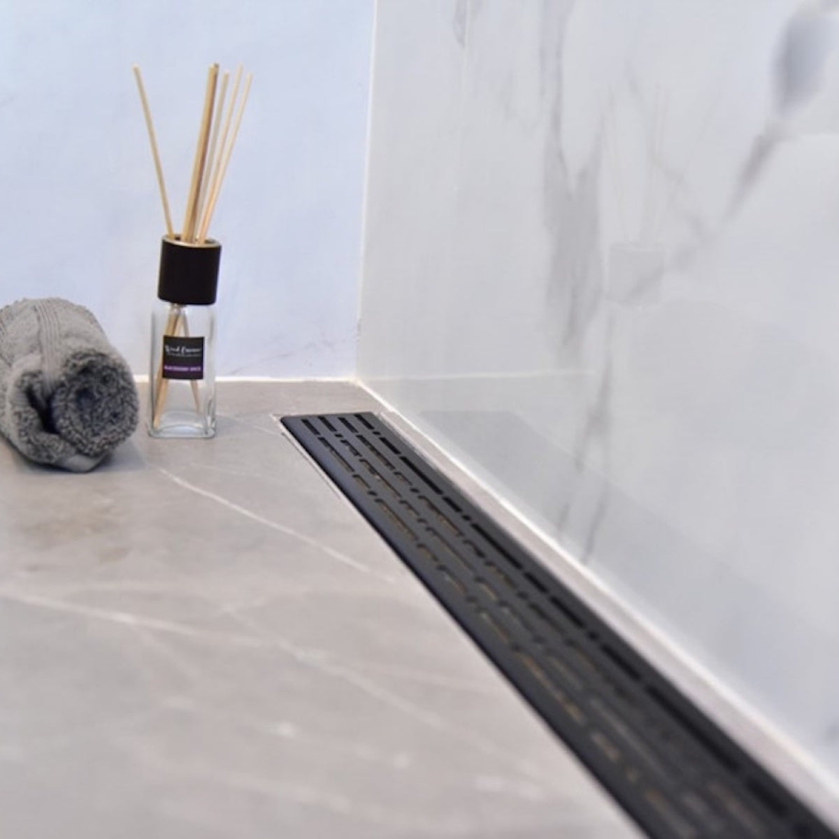Matte Black Linear Drain for Curbless Shower with Hair Trap and Flange Base, SereneDrains