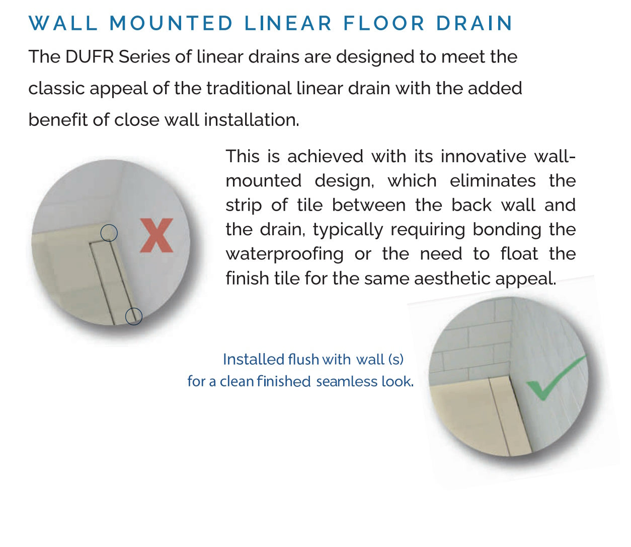 36 Inch Wall-Mount Linear Floor Drain, Brushed Wedgewire, Backwall Flange