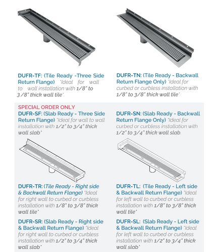 36 Inch Wall-Mount Linear Floor Drain, Brushed Wedgewire, Backwall Flange