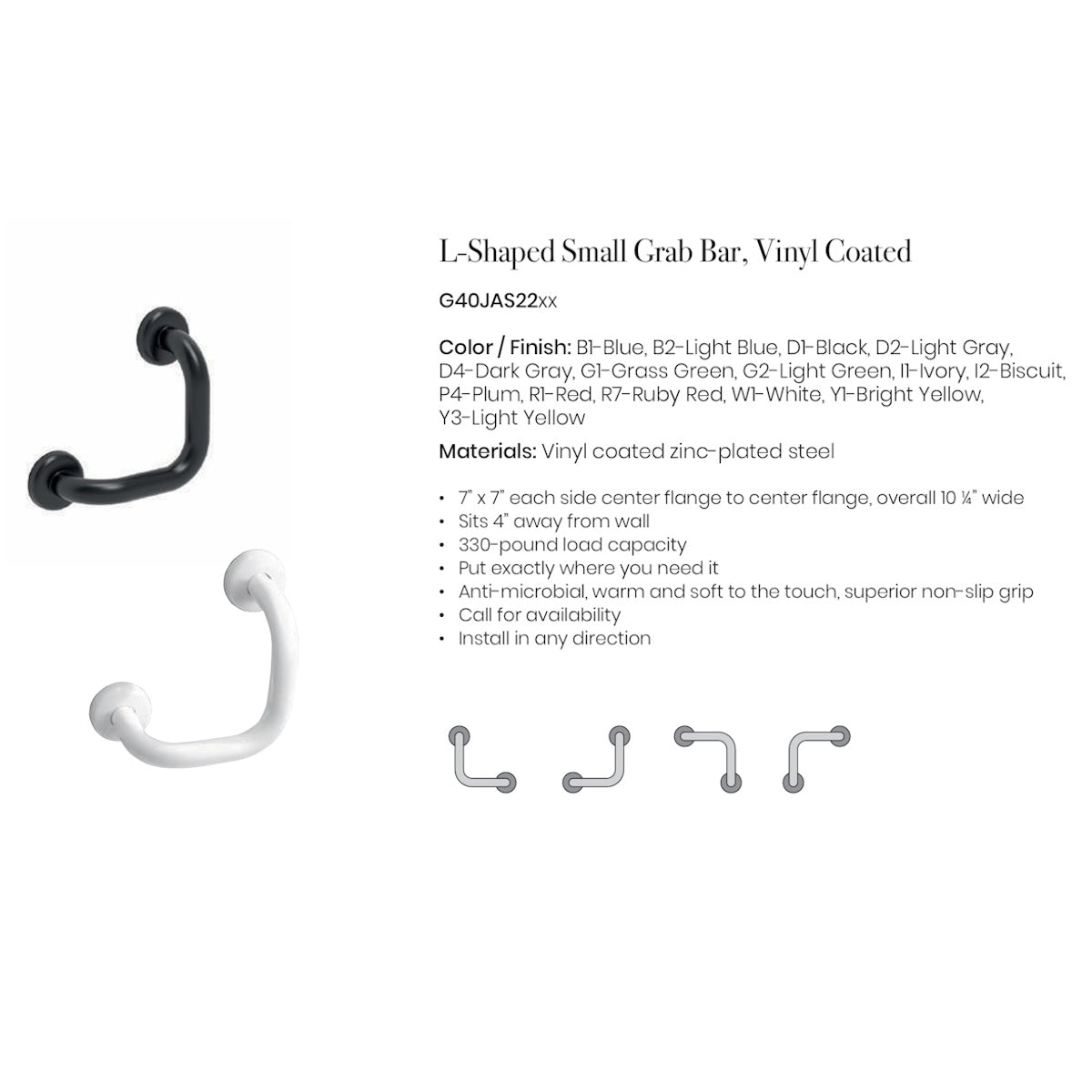 Black L-Shaped Grab Bar Foot Rest, 7" x 7", for Shower and Toilet, Anti-Microbial Vinyl-Coated