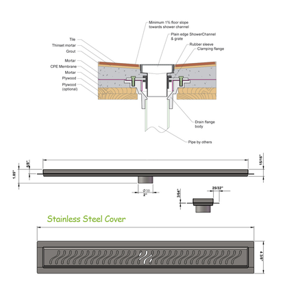 16" Linear Shower Drain, Brushed Stainless Steel, Ocean Wave Design – SereneDrains