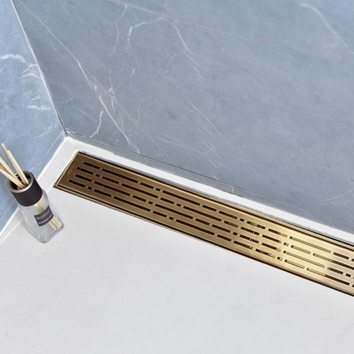 Satin Gold Linear Shower Drain Kit with Hair Trap and Flange Base, SereneDrains