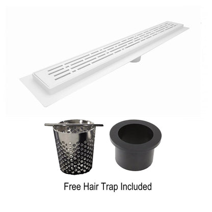 Matte White Linear Shower Drain Kit with Hair Trap and Flange Base, SereneDrains