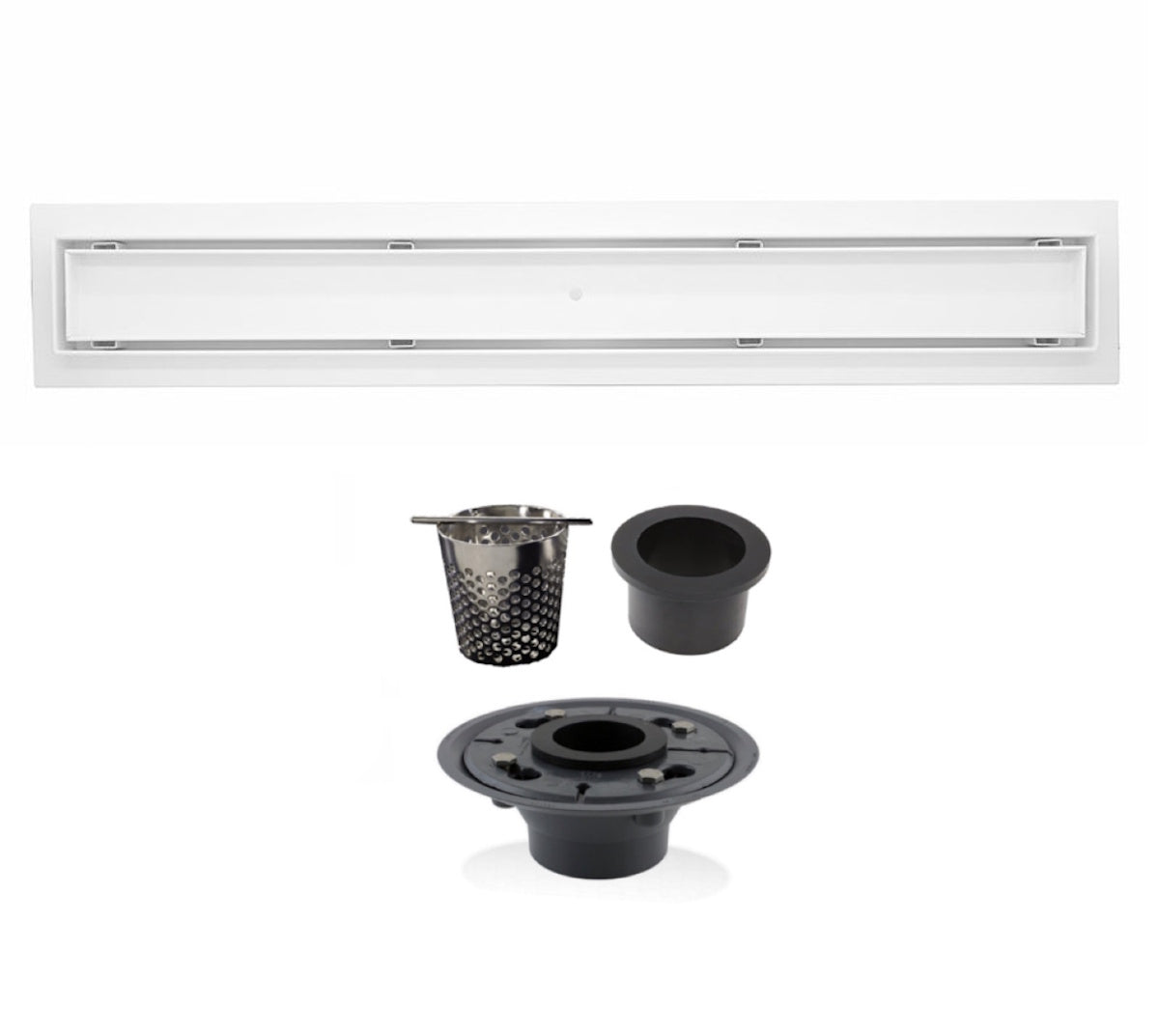 Matte White Tile Insert Linear Shower Drain Kit with Hair Trap and Flange Base