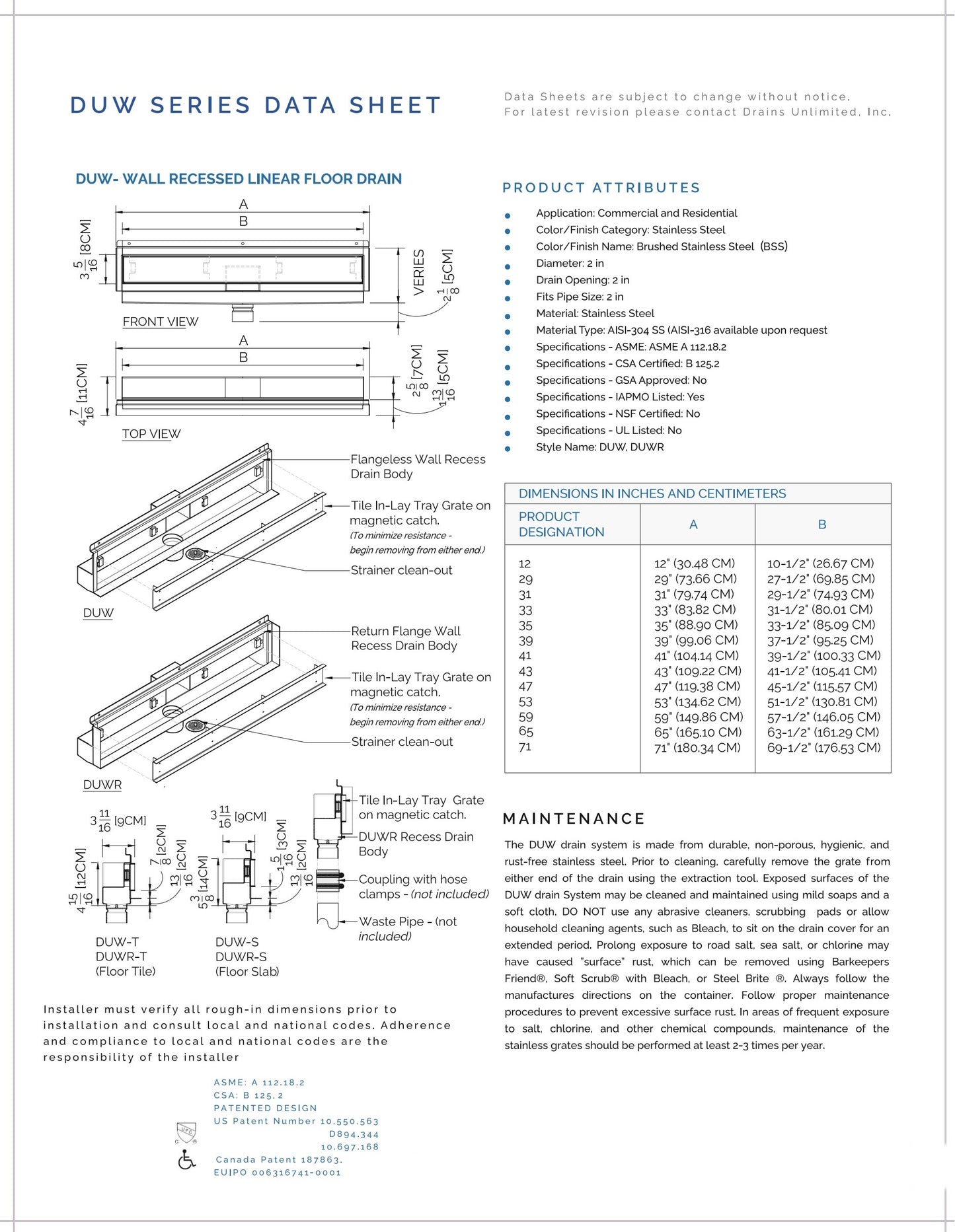 Wall Recessed Linear Drains, 12 Inch Tile-in Shower Wall Drain Flangeless Design