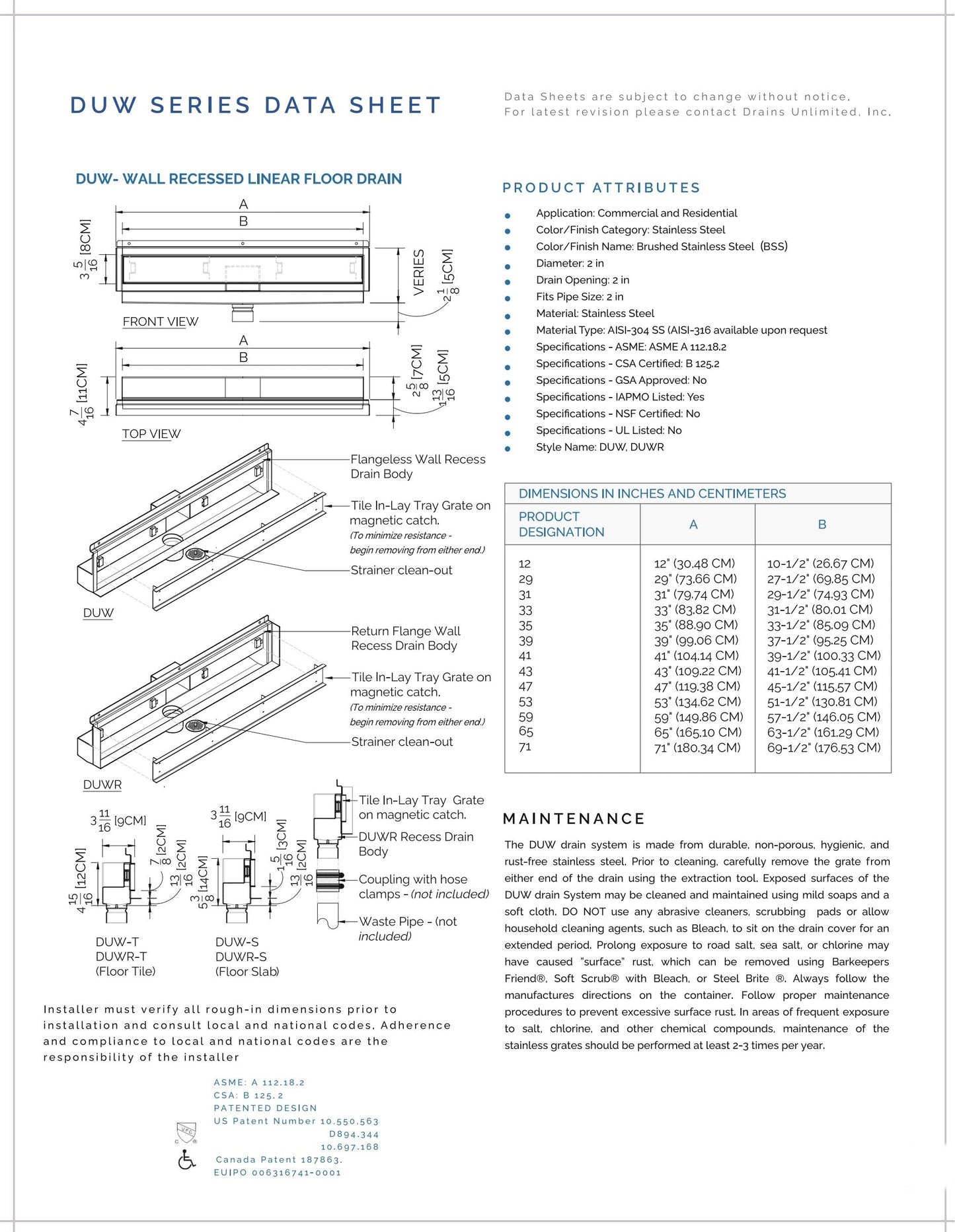 33 Inch Wall Recessed Tile-in Linear Drain, Wall to Wall Flange Design