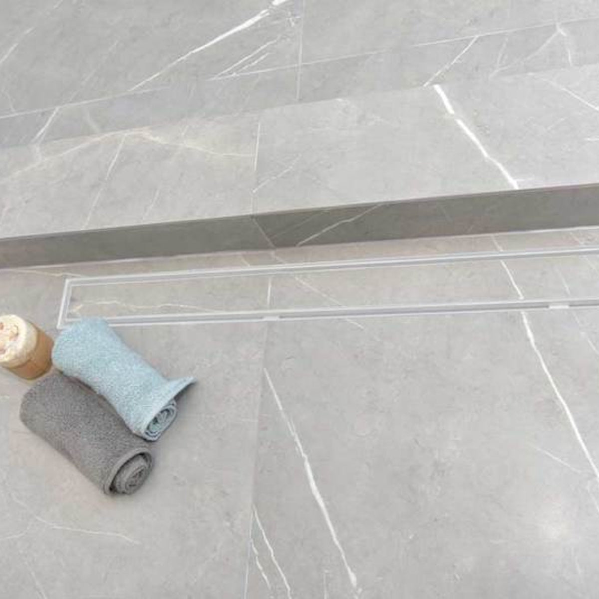 Matte White Tile Insert Linear Shower Drain Kit with Hair Trap and Flange Base