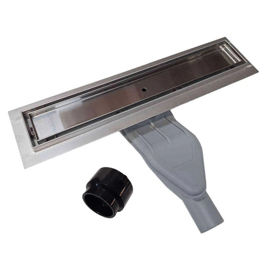 Brushed Nickel Tile Insert Linear Drains with Horizontal Side Outlet Discharge