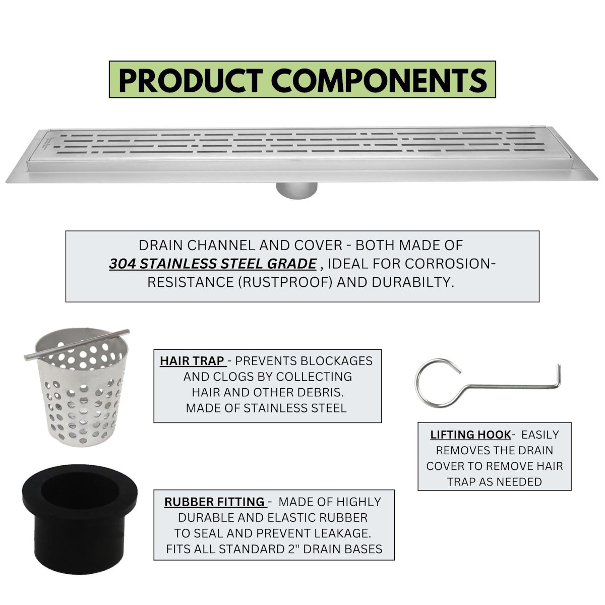72 Inch Linear Shower Drain Kit with Hair Trap and Flange Base, SereneDrains