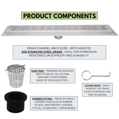 72 Inch Linear Shower Drain Kit with Hair Trap and Flange Base, SereneDrains