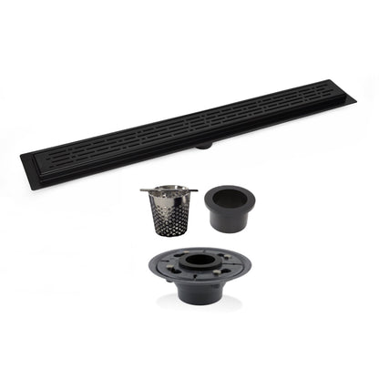 Matte Black Linear Drain for Curbless Shower with Hair Trap and Flange Base, SereneDrains
