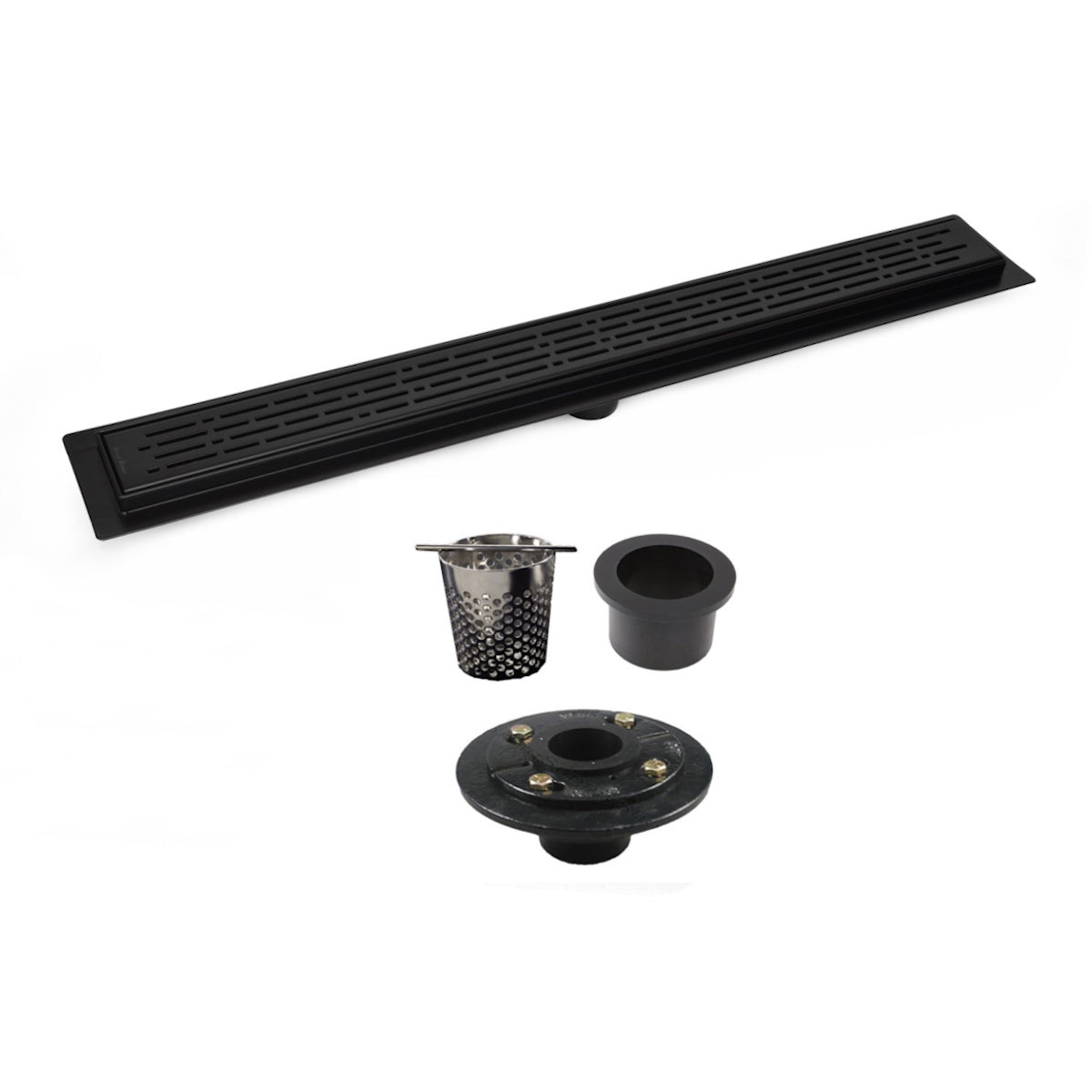 Matte Black Linear Drain for Curbless Shower with Hair Trap and Flange Base, SereneDrains