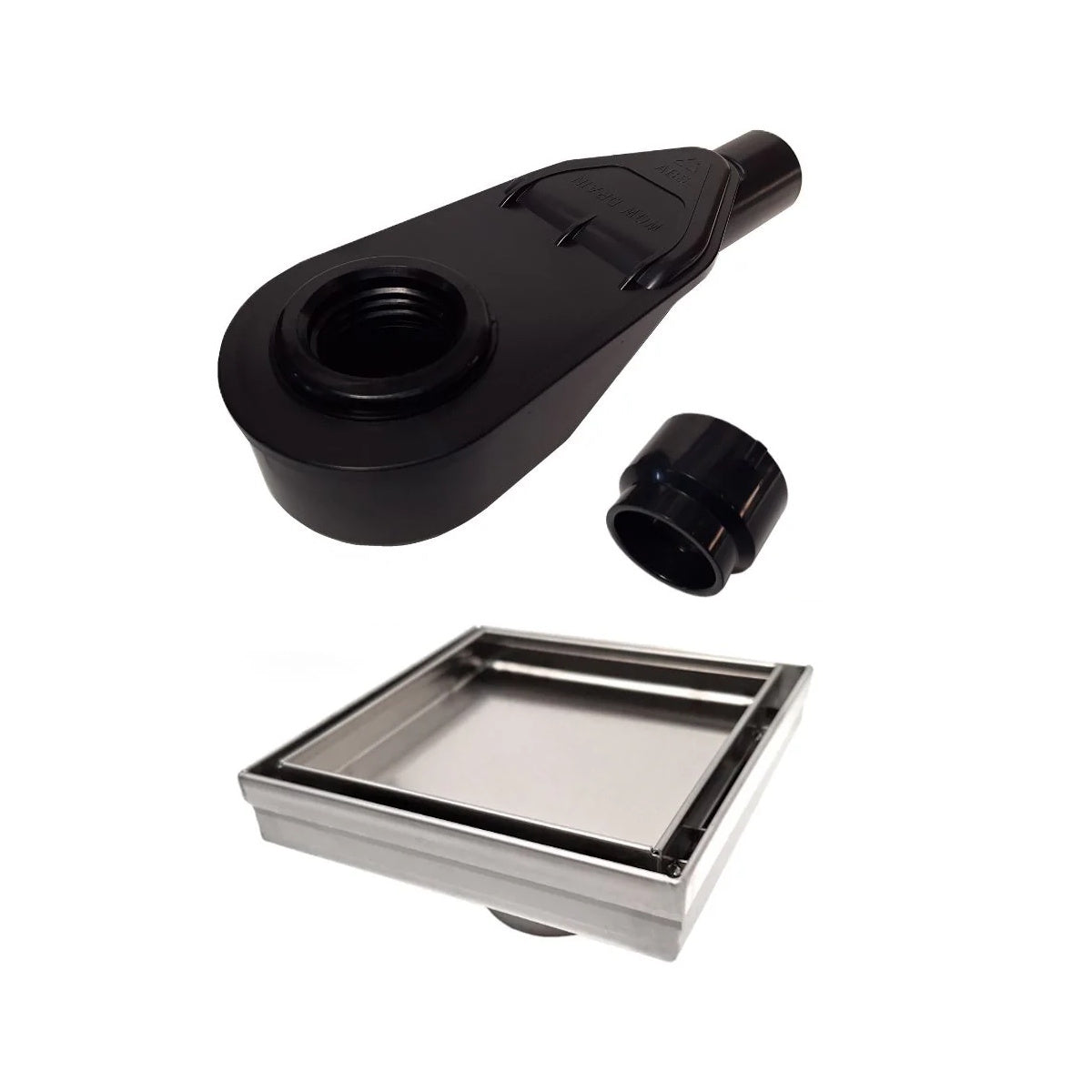Side Discharge Drain Reducer for PVC Base Pipe & P-Trap with Tile Insert Square Drain in Brushed Finish