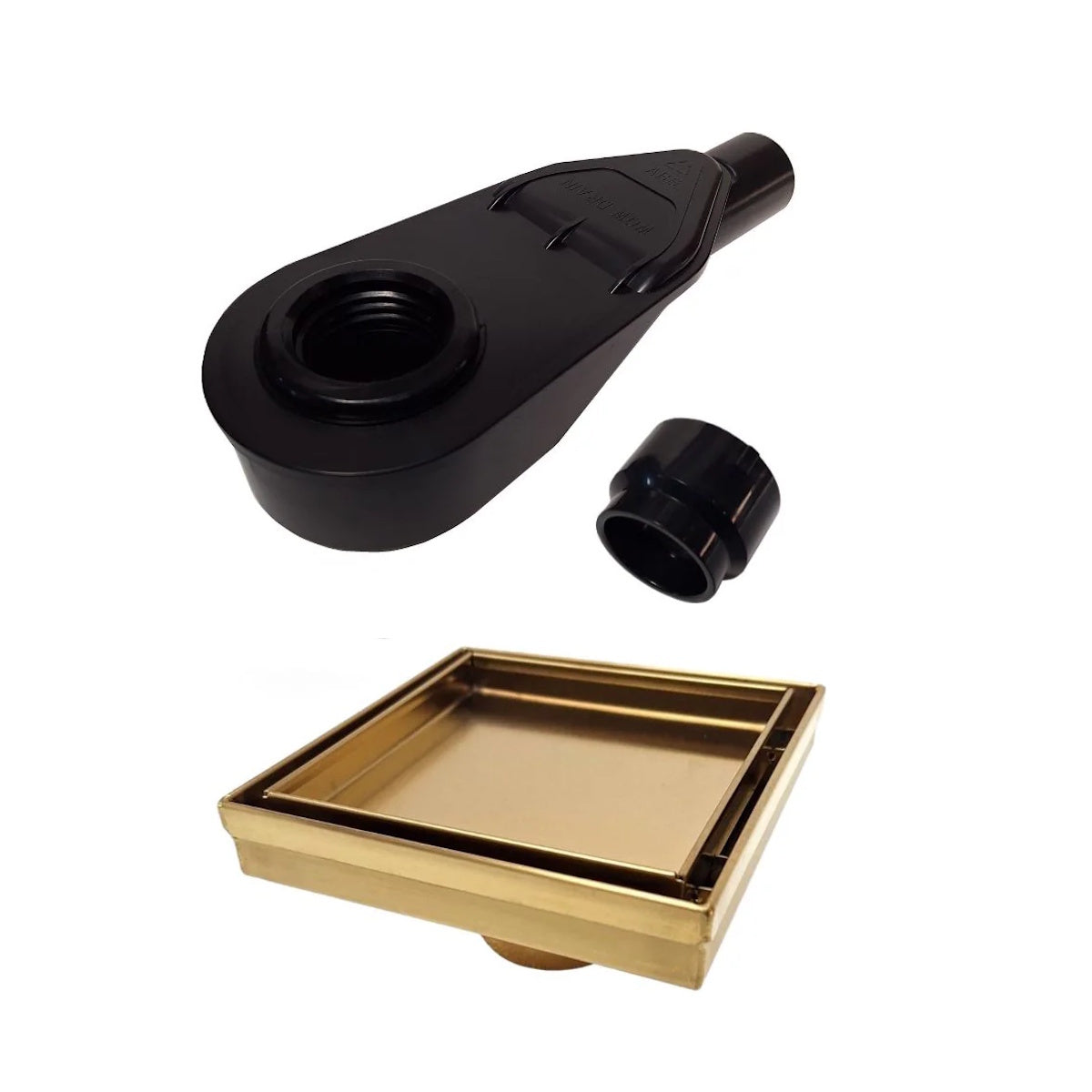 Side Discharge Drain Reducer for PVC Base Pipe & P-Trap with Tile Insert Square Drain In Gold Finish