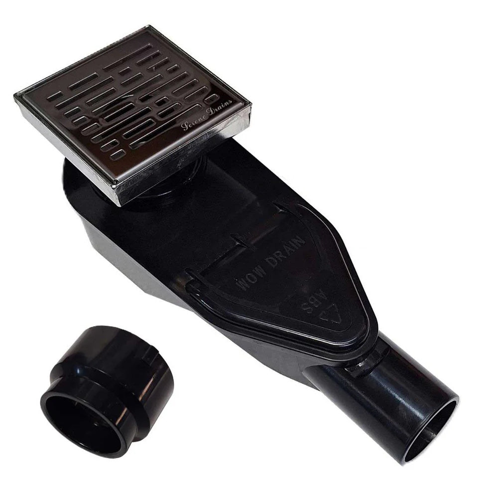 ABS Horizontal Side Discharge Drain Reducer for PVC Base Pipe and P-Trap, with 4 Inch Polished Square Shower Drain