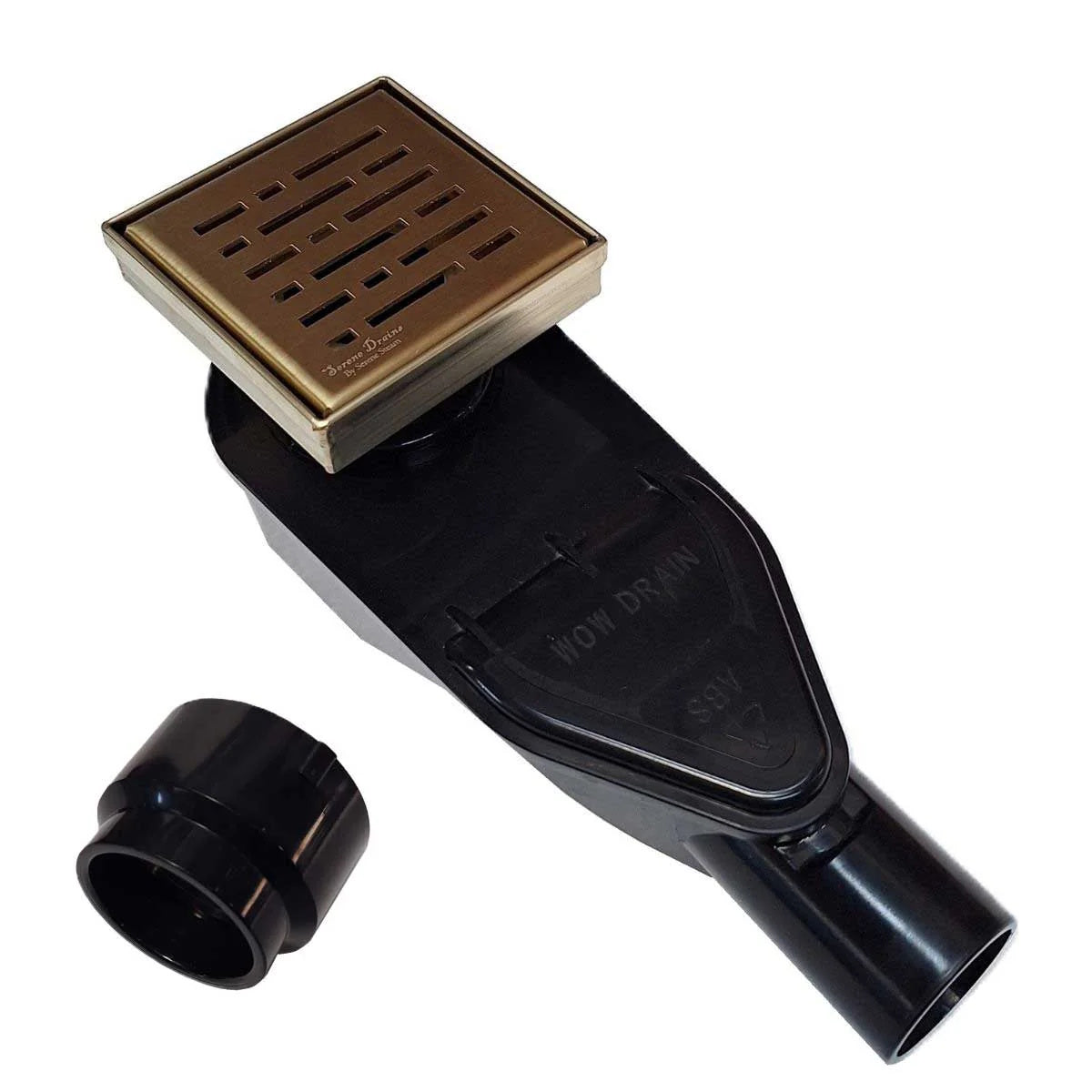 ABS Horizontal Side Discharge Drain Reducer for PVC Base Pipe and P-Trap, with 4 Inch Gold Square Shower Drain