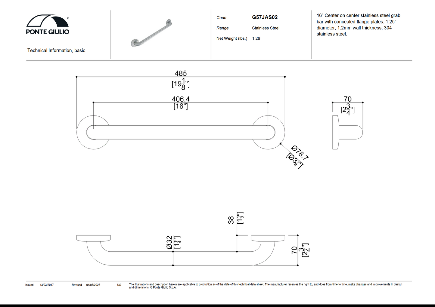 16 Inch Stainless Steel Grab Bar in Satin or Polished Finish