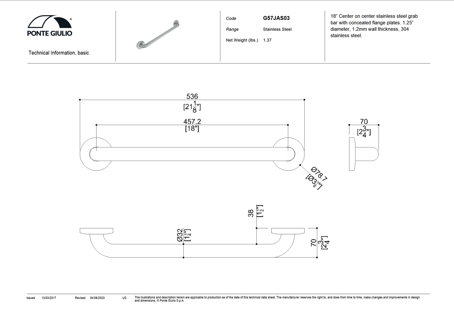 18 Inch Stainless Steel Grab Bar in Satin or Polished Finish