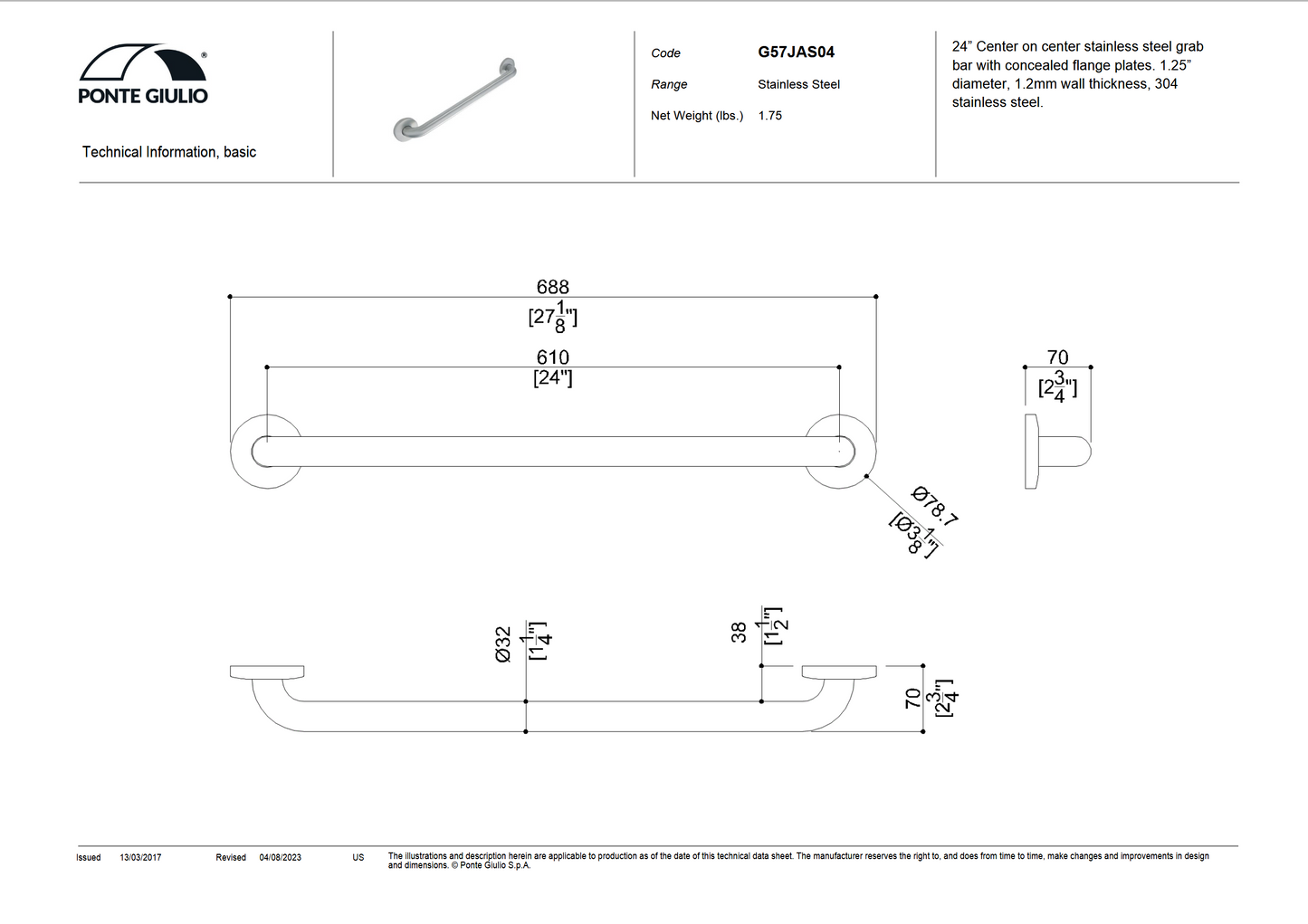 24 Inch Stainless Steel Grab Bar in Satin or Polished Finish